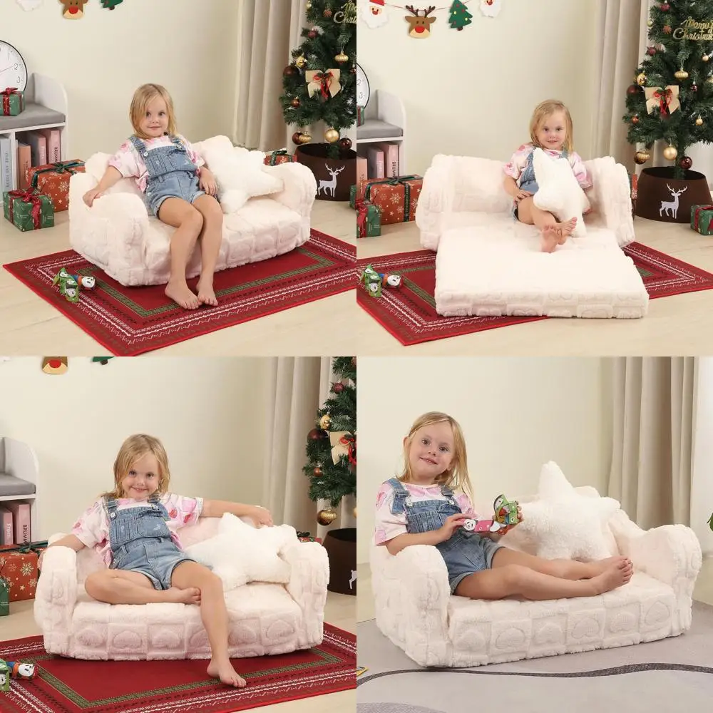 

Convertible Toddler Sofa with Star Pillow, Foldable Lounger, Wider Seat, Cream Heart Design