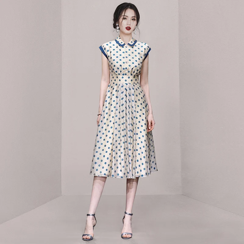 Hepburn Vintage Polka Dot Print Women Dresses Fashion Bowknot Summer Ladies Slim Waist Fold A-Line Mid Party Dress Femme