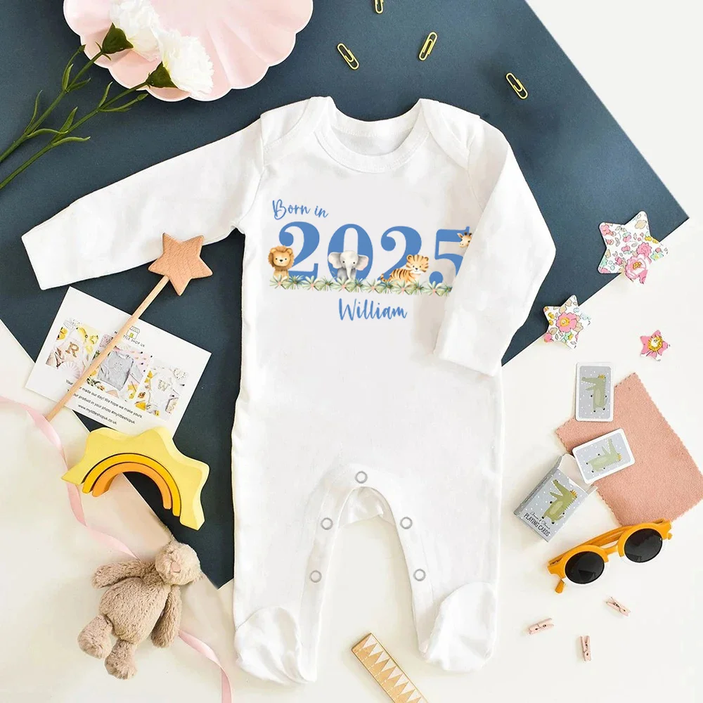 Custom Name Born in 2025 Print Infant Sleepsuit Long Sleeve Baby Romper Casual Pregnancy Announcement Jumpsuit Babys Birth Gifts