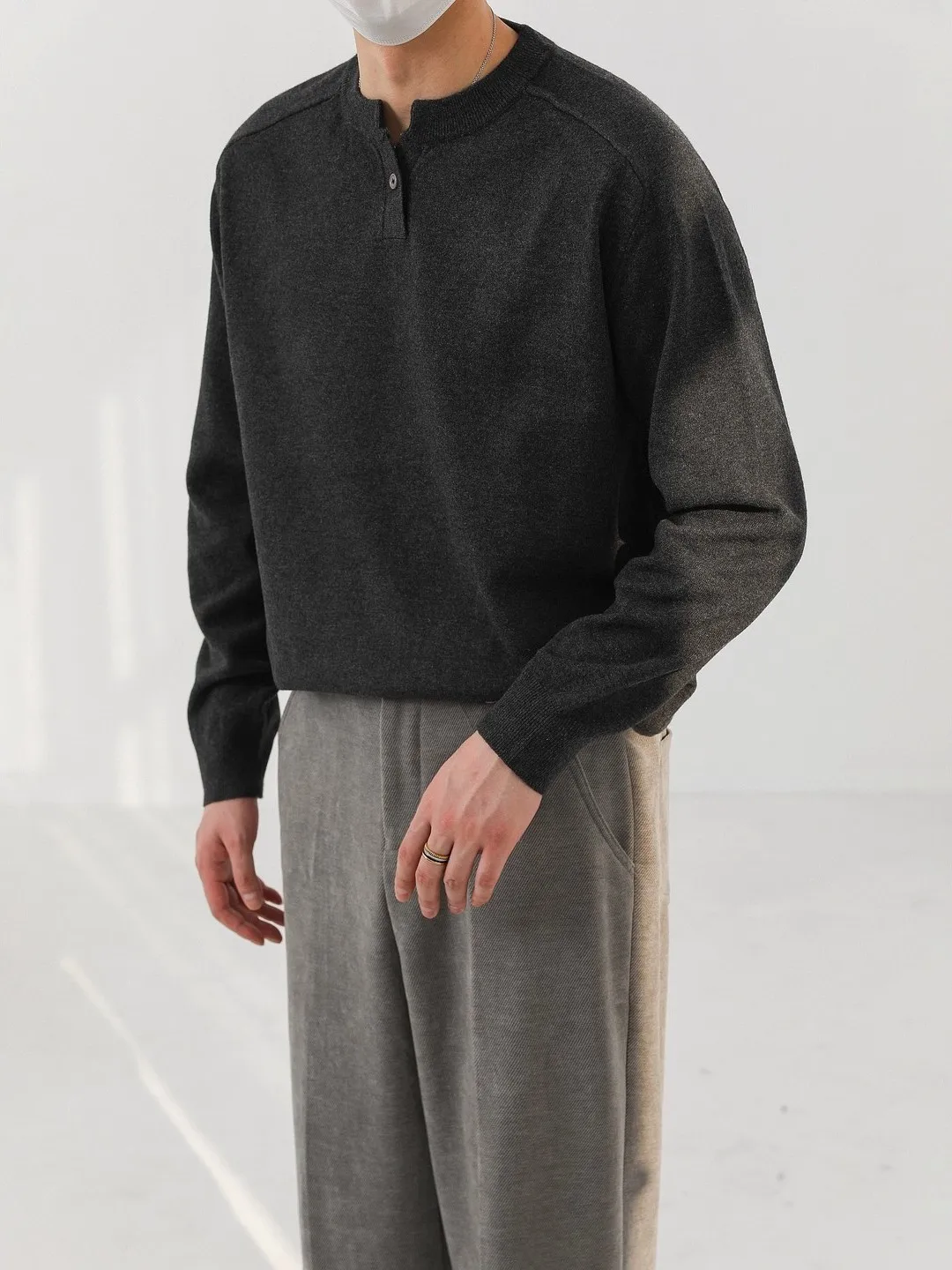 

mat High-End Henry Collar Knitwear Men's Inner irt Base Layer Loose Fit Soft Comfortable Long Sve Warmth Daily Wear