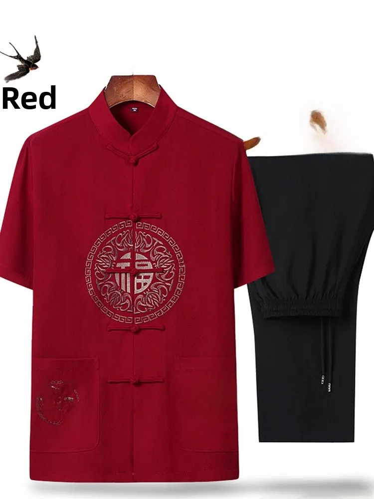 chinese-style-men's-short-sleeve-suit-wedding-dressing-dad-birthday-old-man-traditional-costume-grandpa-summer-knitted-fabric