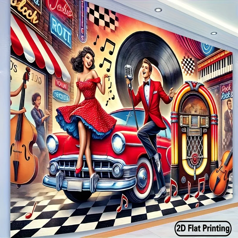 1Vintage Swing Dance Car Hintergrundstoff – Vintage Rock-Thema, rotes Auto