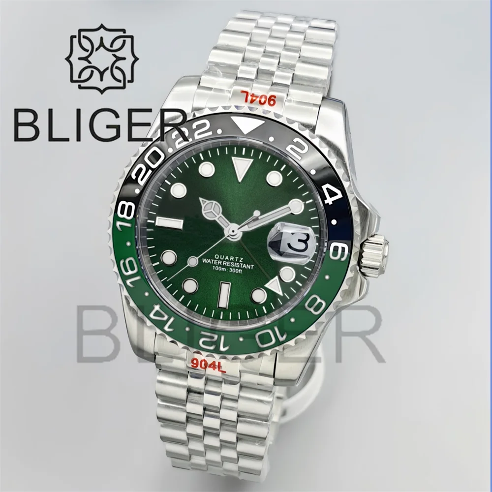 BLIGER 40mm GMT relojes para hombres 100M impermeable logotipo personalizado cerámica cristal de zafiro acero inoxidable reloj automático de negocios para hombres