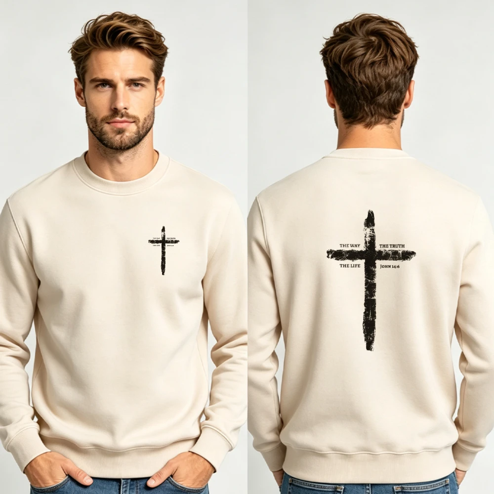 Men Distressed Grunge Cross Double Sided Crewneck Sweatshirt Minimal Christian Faith Print Loose Long Sleeve Pullover Sweatshirt