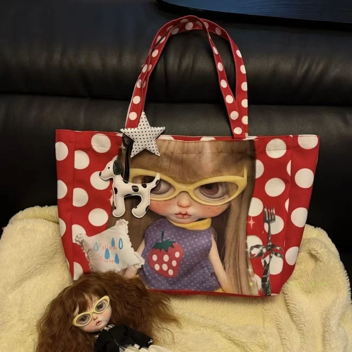 Y2K Cartoon Big Eye Girl Print Tote Bag Double-sided Pattern Large Capacity Shoulder Bag Lightweight Fashion Shopping Handbag