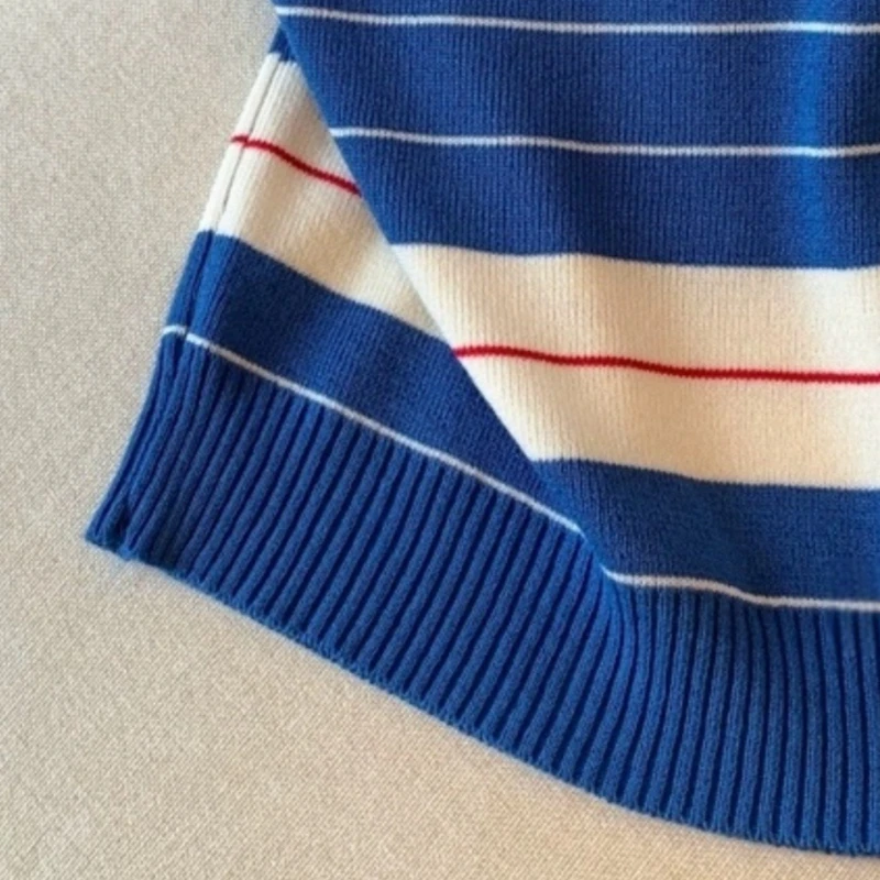Women Red Collar Color Block Striped Knit Pullover Sleeveless Embroidery Decor Stretchy Slim Summer Preppy Knit Sweater Top view 4