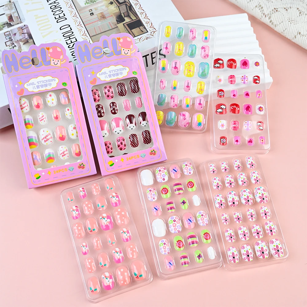 24pcs/box 5D Embossed Kids Cute Cartoon Press on Nails Kawaii Rabbit Cat Flower False Nails Children Girls Full Cover Fake Nails