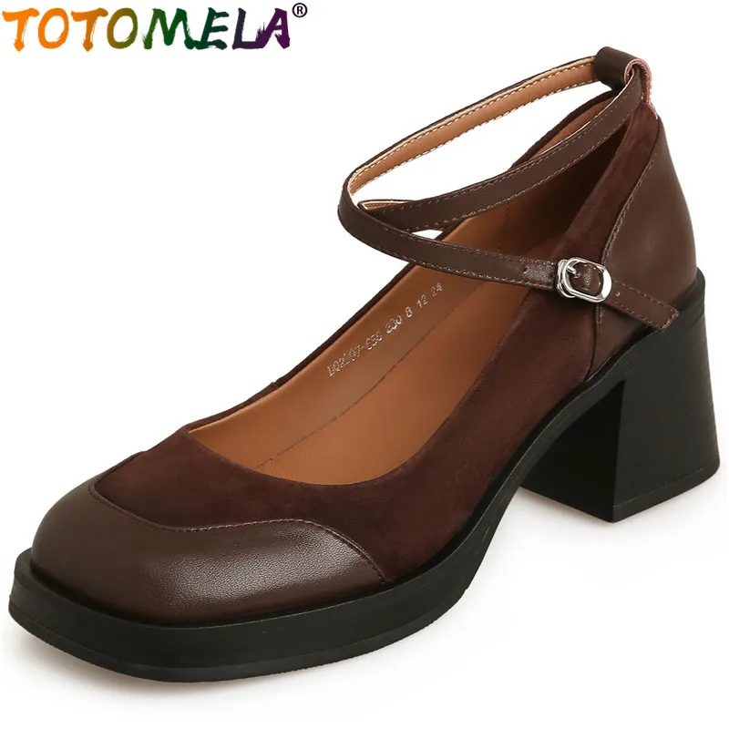 

TOTOMELA 2024 New Mary Janes Kid Suede Shoes Woman Retro Buckle Thick High Heels Platform Shoes Ladies Dress Pumps