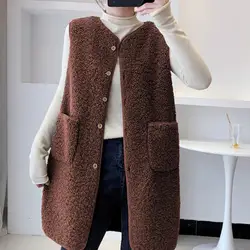 Lady Thick Waistcoat Stylish Sleeveless Women's Vest Coat with Pockets Warm Winter Outwear Waistcoat for Fall Mid Length