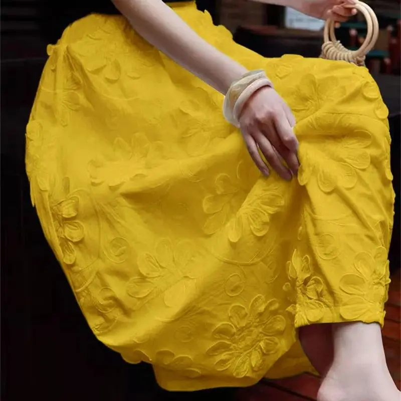 ฤดูร้อนใหม่ 3D ดอกไม้กระโปรงผู้หญิงแฟชั่นเอวสูง A-Line Midi กระโปรง Retro ยาว Faldas Mujer สีทึบ Elegant Jupe