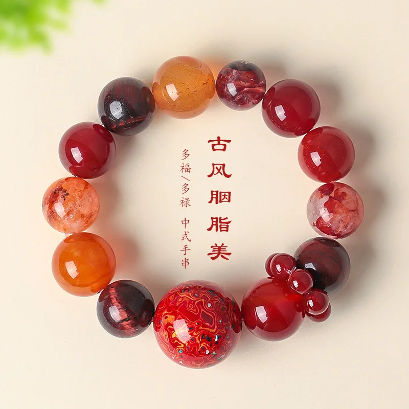 Beaded Bracelet For Women Chinese Style Daily Wear Blessing Jewelry With Natural Red Agate Lacquer Beads Red Crackle Quartz 2026