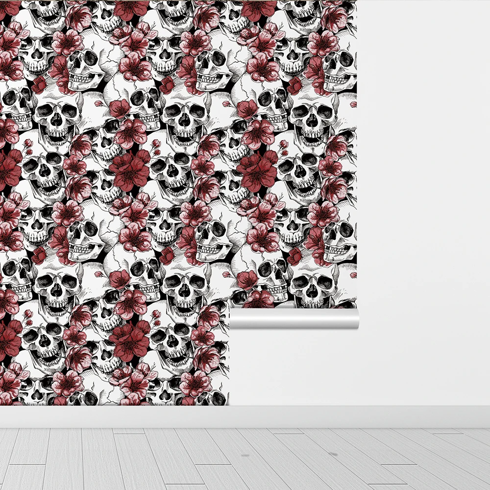 Papel tapiz impermeable de PVC europeo, decoración del hogar, Peal y Palo, flor roja, autoadhesivo, papel tapiz duradero de calavera para Club