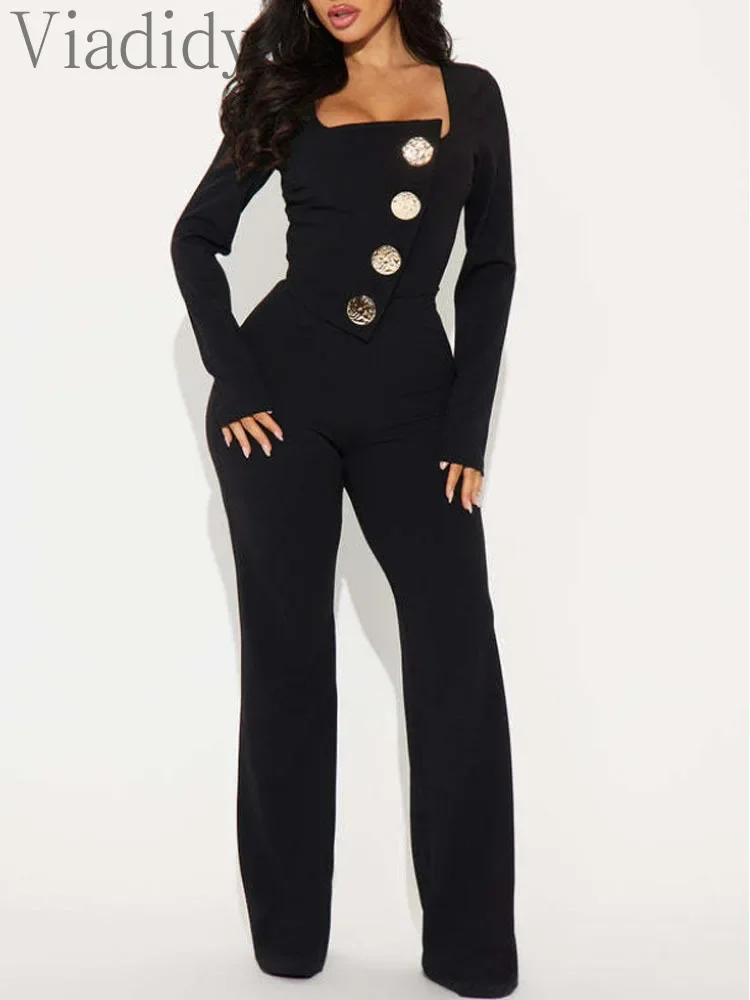 Women's Elegant Square Neck Long Sleeve Button Detail Wide Leg Jumpsuit High Waist Bodycon Long Romper