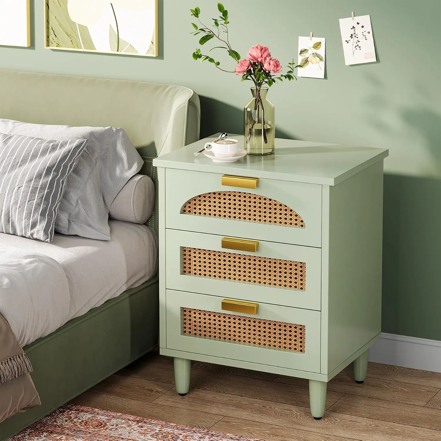 Rattan Nightstand Set of 2 with 3-Drawer Storage, Bedside End Table for Bedroom Living Room Office, Customized