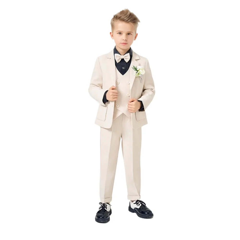 Children's Formal Beige 4pcs Suits Boys Host Piano Performance Catwalk Photography Costume Kids Blazer Vest Pants Bowtie Outfit