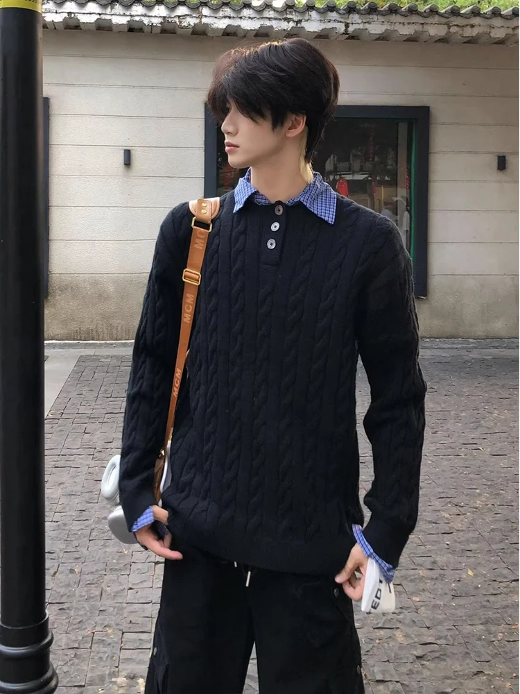 

YKEE American Sle Fake Two-Piece Knitwear Men's Collar Sweater Jaet Autumn Casual Loose Fit Comfortable Middle Thi...