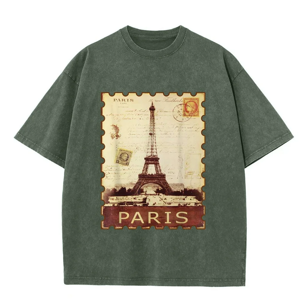 Eiffel Tower Stamp Vacation Vintage Paris France Souvenir T-Shirt T Shirts Men Clothes Men's Autumn Clothing Unisex Graphic Tee