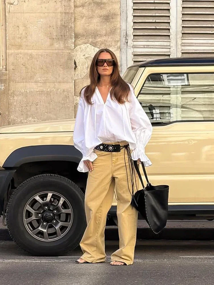 Women White V Neck Tie Front Lantern Sleeve Shirt Loose Fit Ruffle Cuff Blouse Chic Elegant Casual Streetwear Top view 2