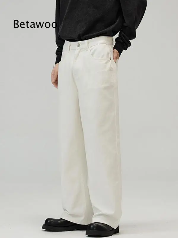 Mens Basic Simple Versatile Solid Color Denim Jeans High Grade Drape Wide Leg Straight Casual Long Trousers Suitable For Daily
