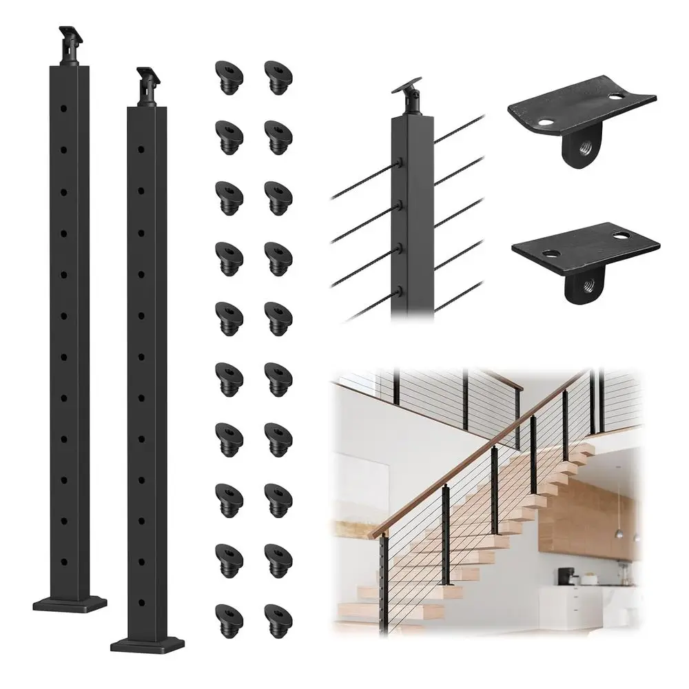 42 Stair Cleat Railing Posts (41x2x2), Stainless Steel Adjustable Line Post, Matte Black Top Mount Cleat Handrail for Railing Ki