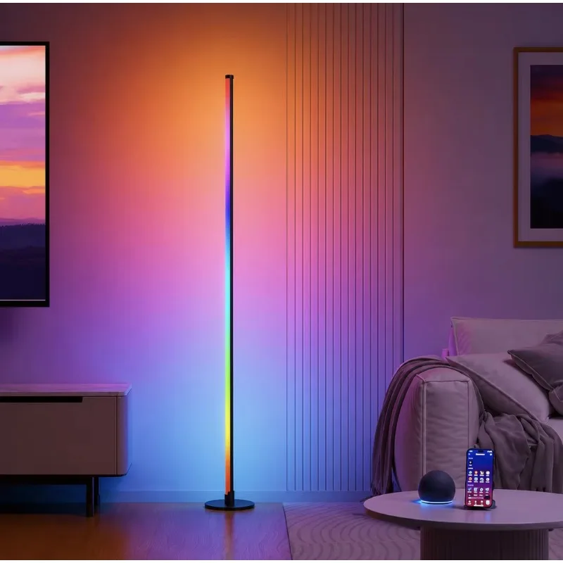 Smart app control and remote control RGB LED corner floor lamp with music synchronization, easy to assemble, removable, custo