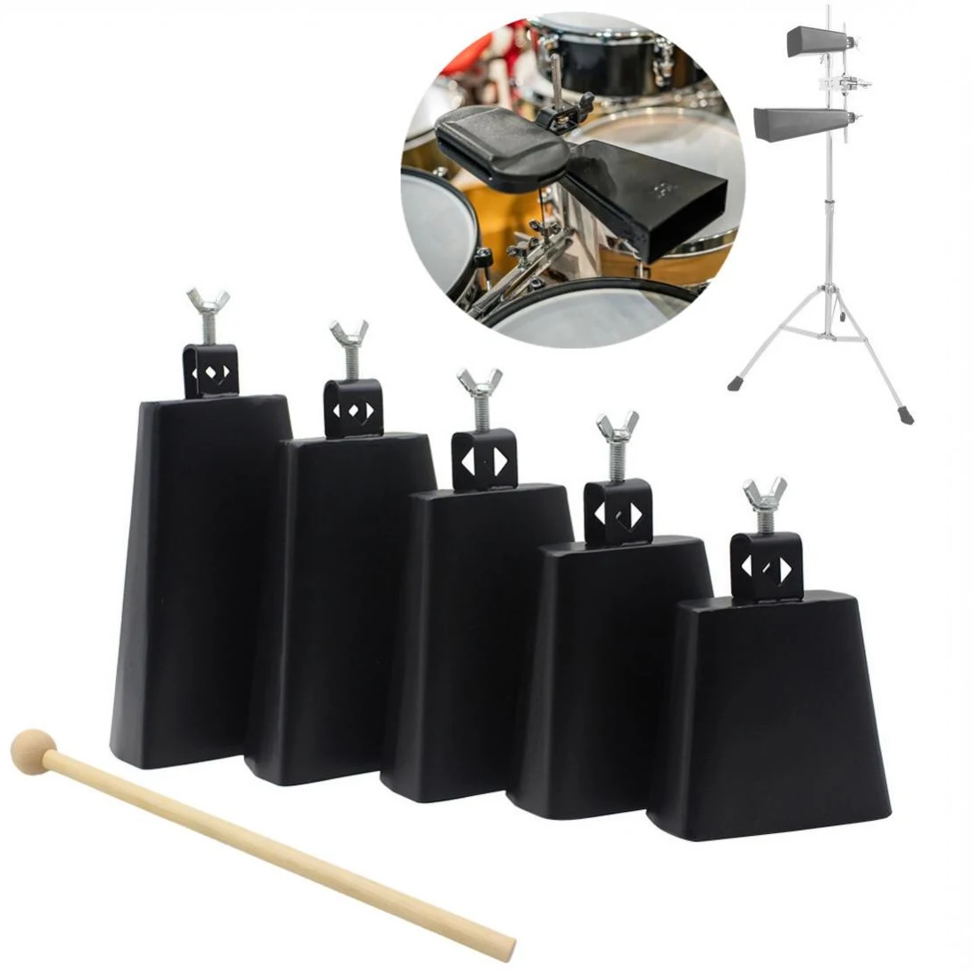 4 / 5 / 6 / 7 / 8 Inch Metal Iron Noise Makers Cow Bells for Drum Set with Stick, Hand Percussion Cowbell