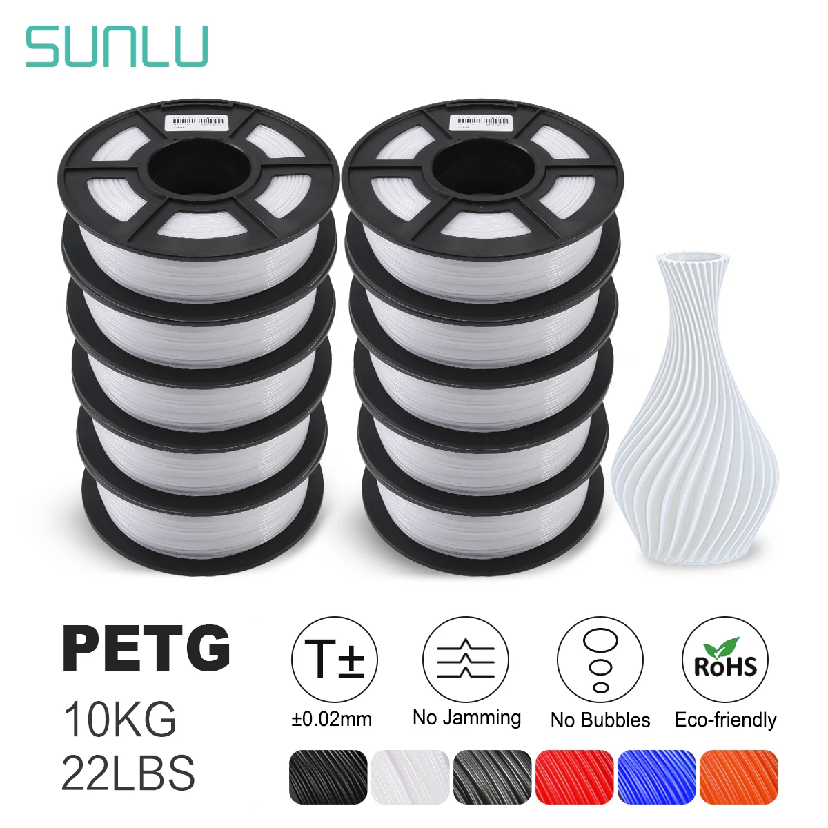 SUNLU 3D Printer Material PETG 1.75MM With Spool High Strength No Bubble 3D 10 Rolls/set Filament PETG Filament 10kg