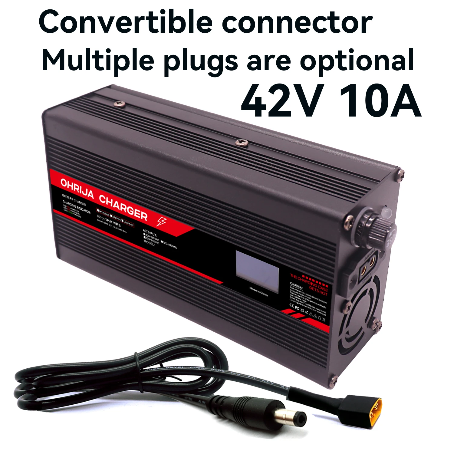 

42V 10A Lithium Battery Fast Charger for 10S 37V OLED Display & Interchangeable Connector Fast stabilization with cooling fan