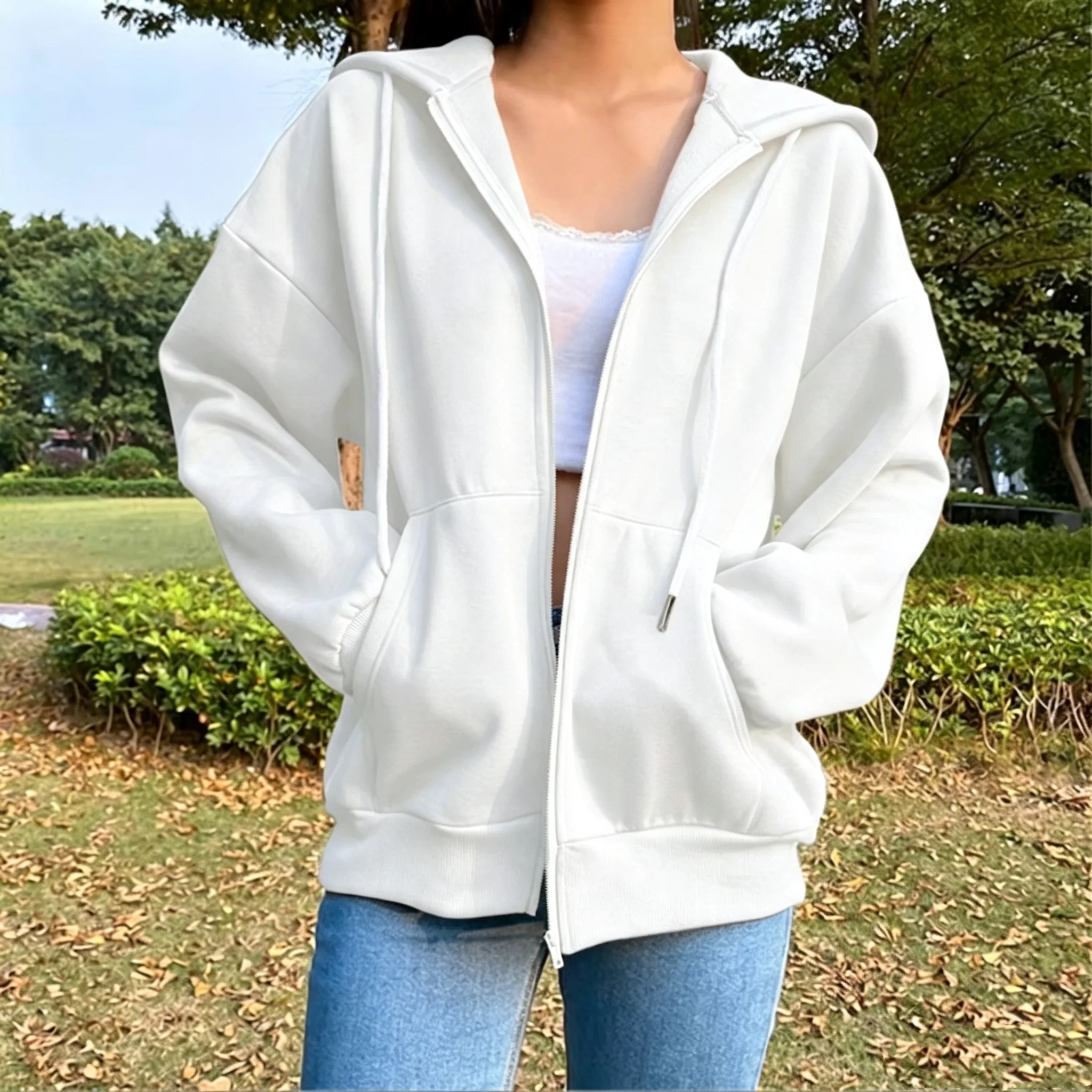 Autumn Fleece Hoodie Solid Color Hooded Korean Fashion Sweatshirts Long Sleeve Top Drawstring Pockets Loose Zipper Black Hoodies