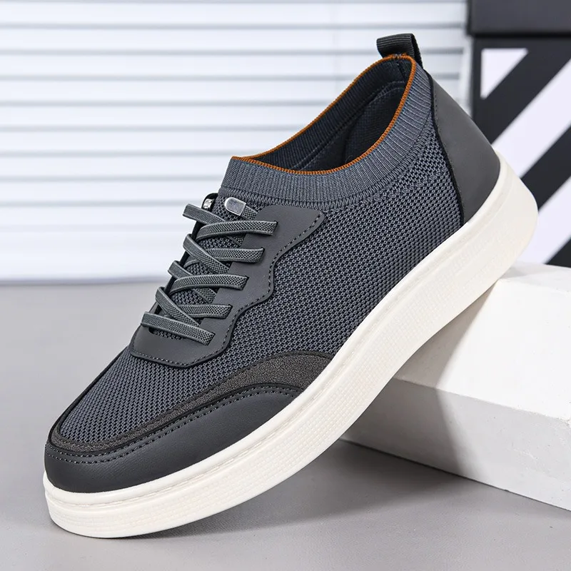 Men Mesh Splicing Casual Board Shoe Elastic Collar No‑Tie Lace‑Up Breathable Thick Sole Lightweight Daily Street Walking Commute