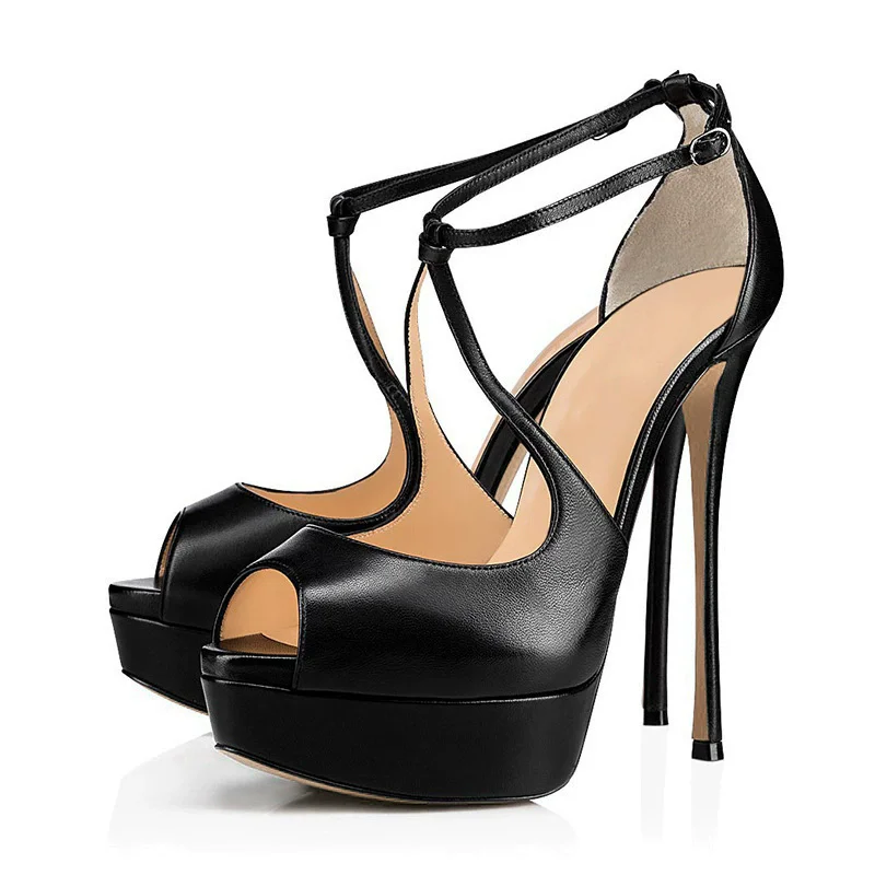 

Summer new leather fish mouth cross strap sexy waterproof table sandals banquet dress large size thin high-heeled women's shoes