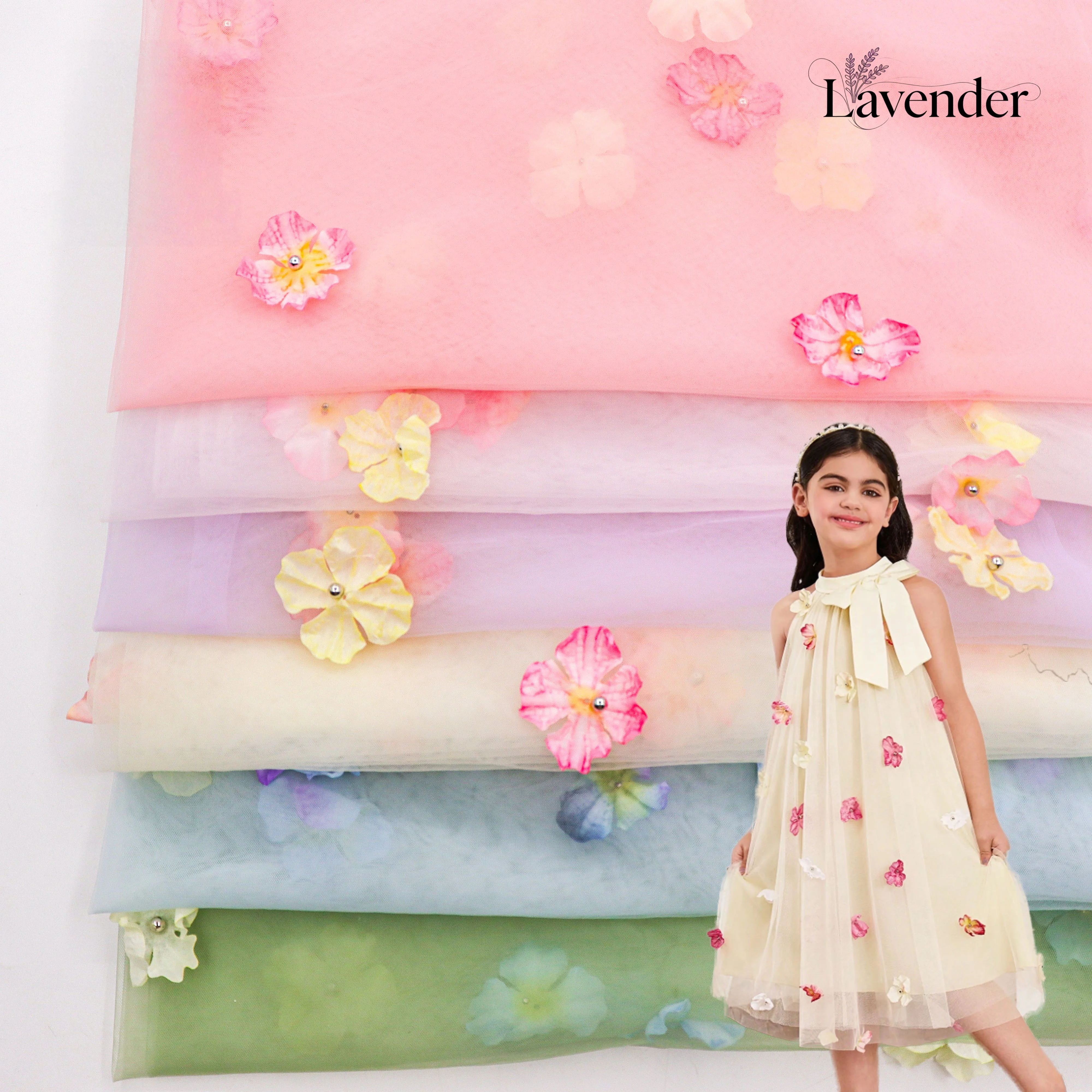 3D Floral Embroidery Mesh Fabric Multi-Color Printed Nylon Polyester Cute Girl Dress for Weddings Wicking Featuring Solid Beads
