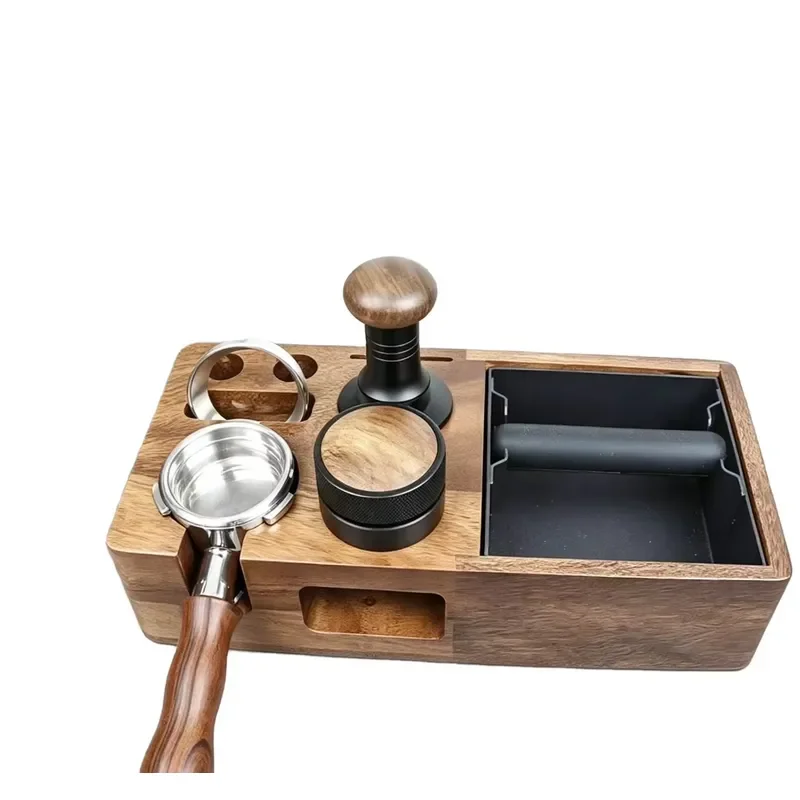 Solid Wood Coffee Station Organizer with Removable Grounds Box Dual 51mm 58mm Portafilter Holder Rack for Hand Brew Espresso