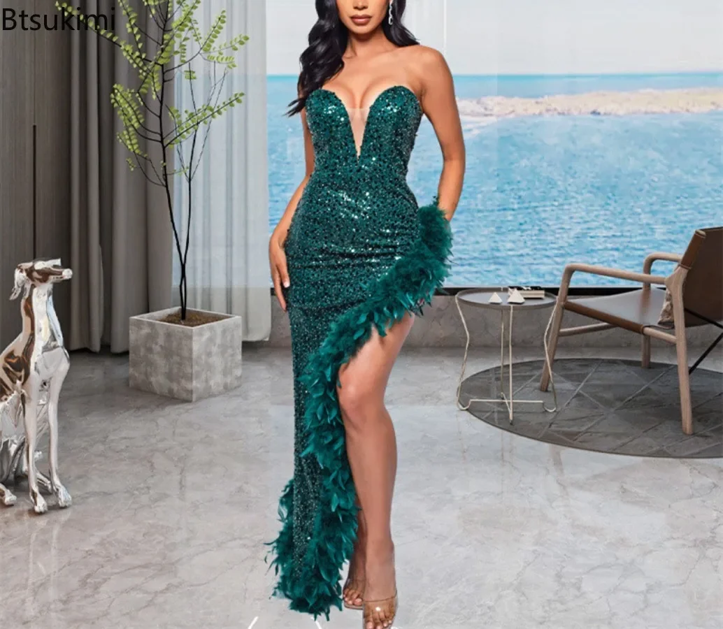 

2025 Strapless Maxi Dresses for Women Sexy Luxury Sequined Feather Side High Split Backless Bodycon Dress Evening Dresses Femme