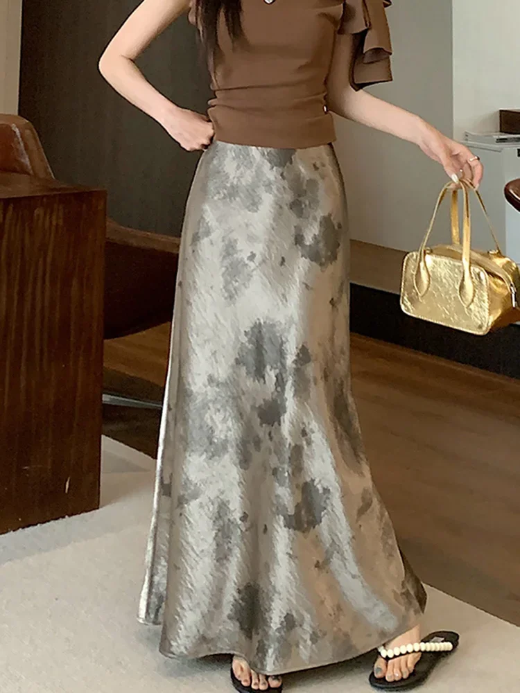 Zoki ريترو التعادل صبغ الساتان التنانير الطويلة المرأة أنيقة الكورية خمر سليم البوق تنورة الصيف عادية حلوة مريحة تنورة طويلة #5