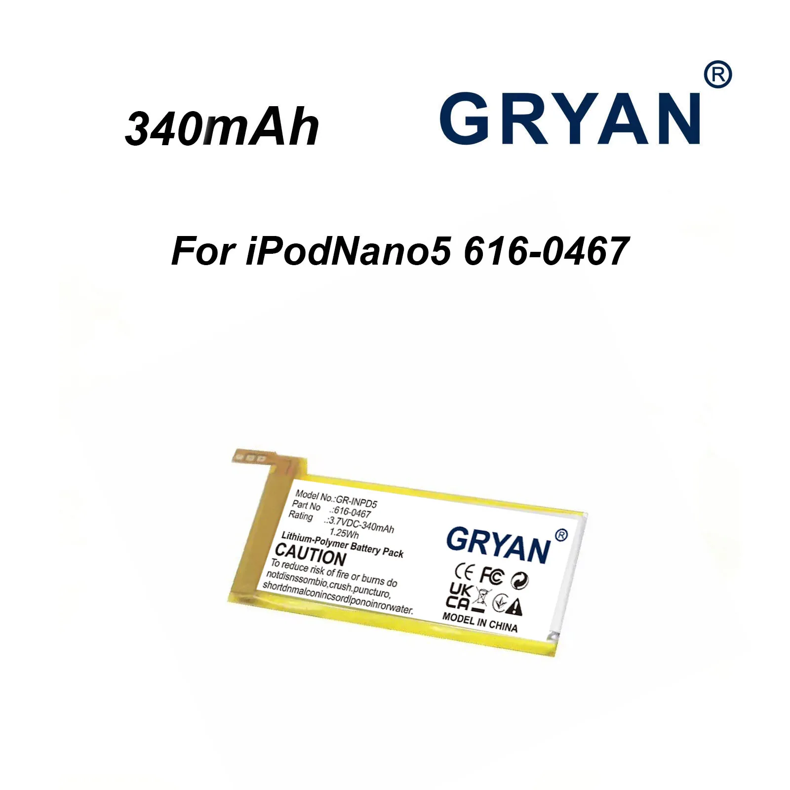 GRYAN 616-0467 Replacement Battery For ipod Nano5 5G 5th 340mAh 8gb Generation MP3 Li-Polymer Rechargeable Nano 5 Batt 616-0467