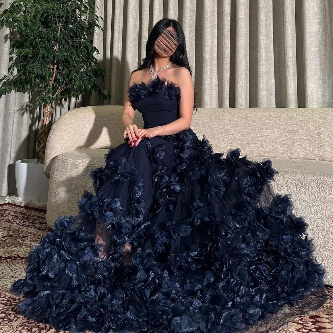 

Sharon Said Dubai Navy Blue Strapless Evening Dress with 3D Tiered Flower for Women Wedding Formal Gown SF221 Customized