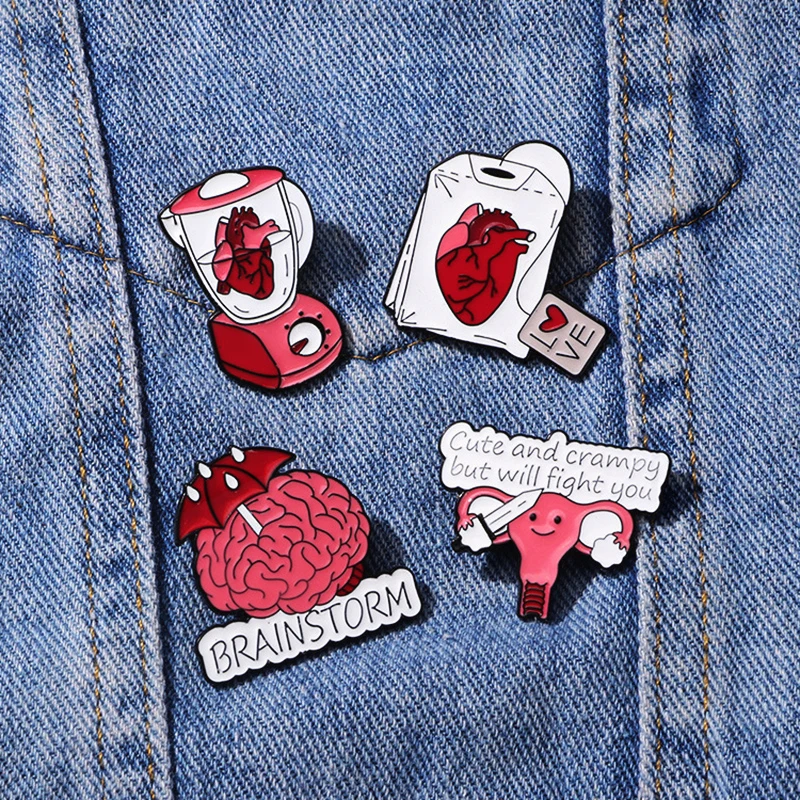 Heart Juicer Tea Bag Umbrella Brain Dagger Womb Body Organ Badge Punk Lapel Brooch Jewelry Gift Creative Medical Organ Pin Red