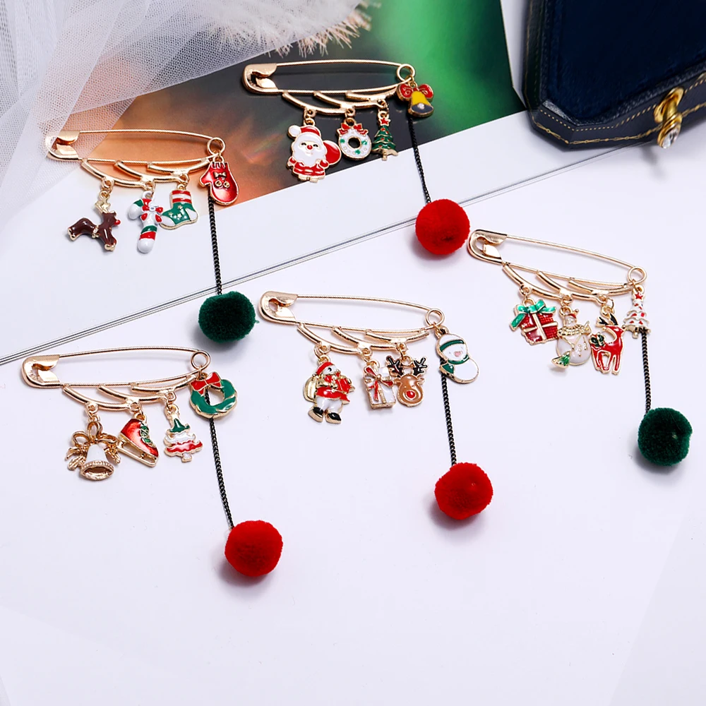 Christmas Brooch Pins Santa Claus bell Elk reindeer tree snowman safety pin Hairball tassels Brooches for Women New Year Jewelry