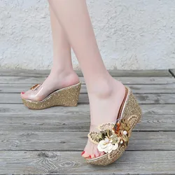 Platform Slippers Wedge Slides Slippers Women Summer Shoes Beach Sandals Slippers Ladies Shoes With Heels Pearl Flower