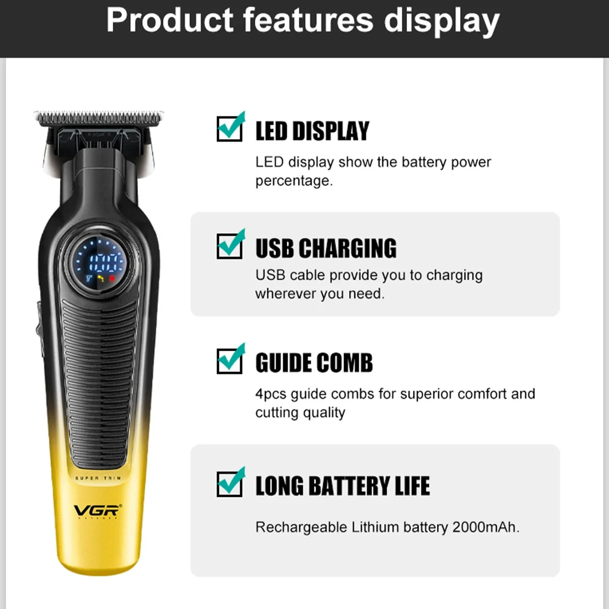 VGR V-996 Men's Professional Hair Clipper with DLC Blade, 7000 RPM, LED Display, Barber Shop Cordless Professional Hair Trimmer image 3