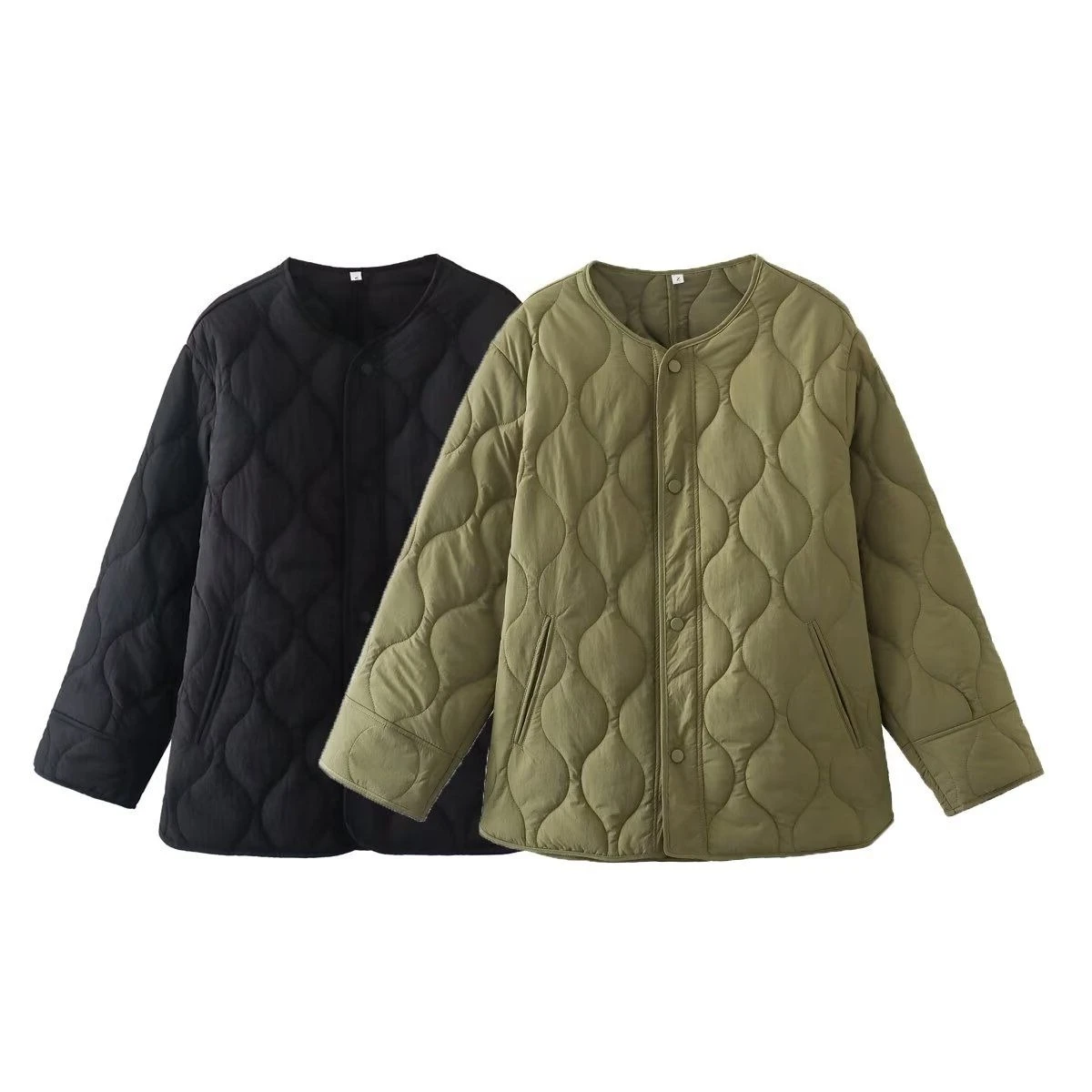 

Womens Fashion Streetwear Autumn Winter New Two Color Collarless Cotton Jacket Mid Length Round Neck Quilted Coat Outerwear