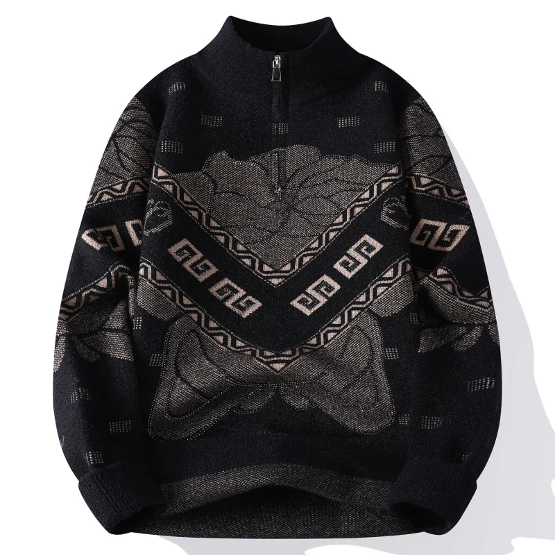 Men's Designer Original Jacquard Half-Zip High Neck Knit Sweater Soft Warm Anti-Pilling Vintage Ethnic Pattern Autumn Winter