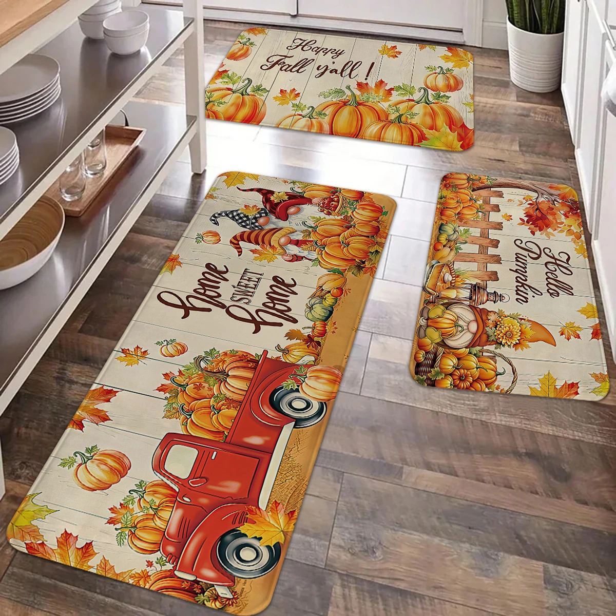 

1pc Thanksgiving Carpet Floor Mat Autumn Leaf Harvest Pumpkin Elf Truck Design Carpet Anti slip Floor Mat Autumn Door Decoration