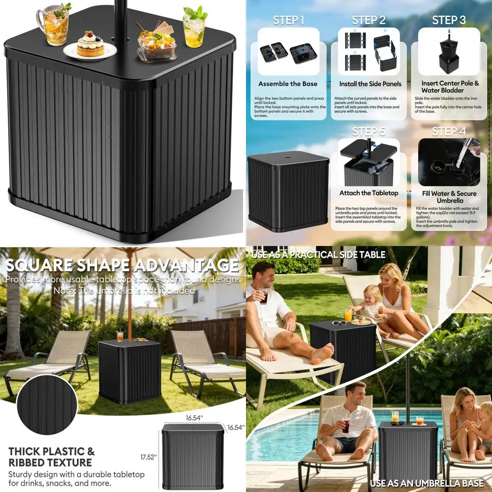 

Versatile Outdoor Side Table with Umbrella Hole, Sturdy Base, Holds 132 lbs, Suitable for Poolside and Backyard, Black