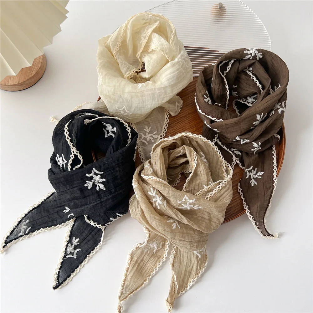 Women Linen Cotton Lace Triangle Scarf Floral Sunscreen Headscarf Decorative Hair Scarf Headband Bohemia Bandana Small Shawls