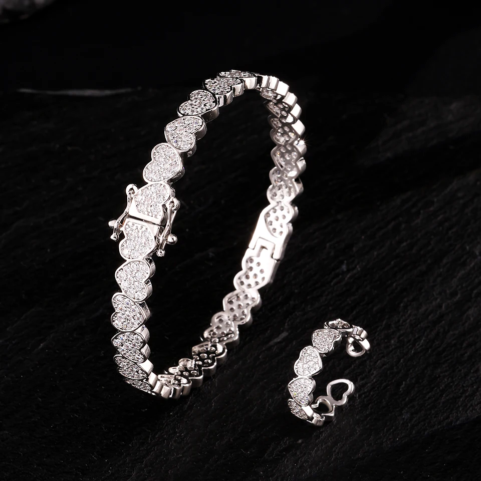 ZAKOL Hip Hop Iced Out Bling CZ Heart Charm Bracelet Ring Set for W omen Men Valentine's Day Jewelry Gifts for Couples