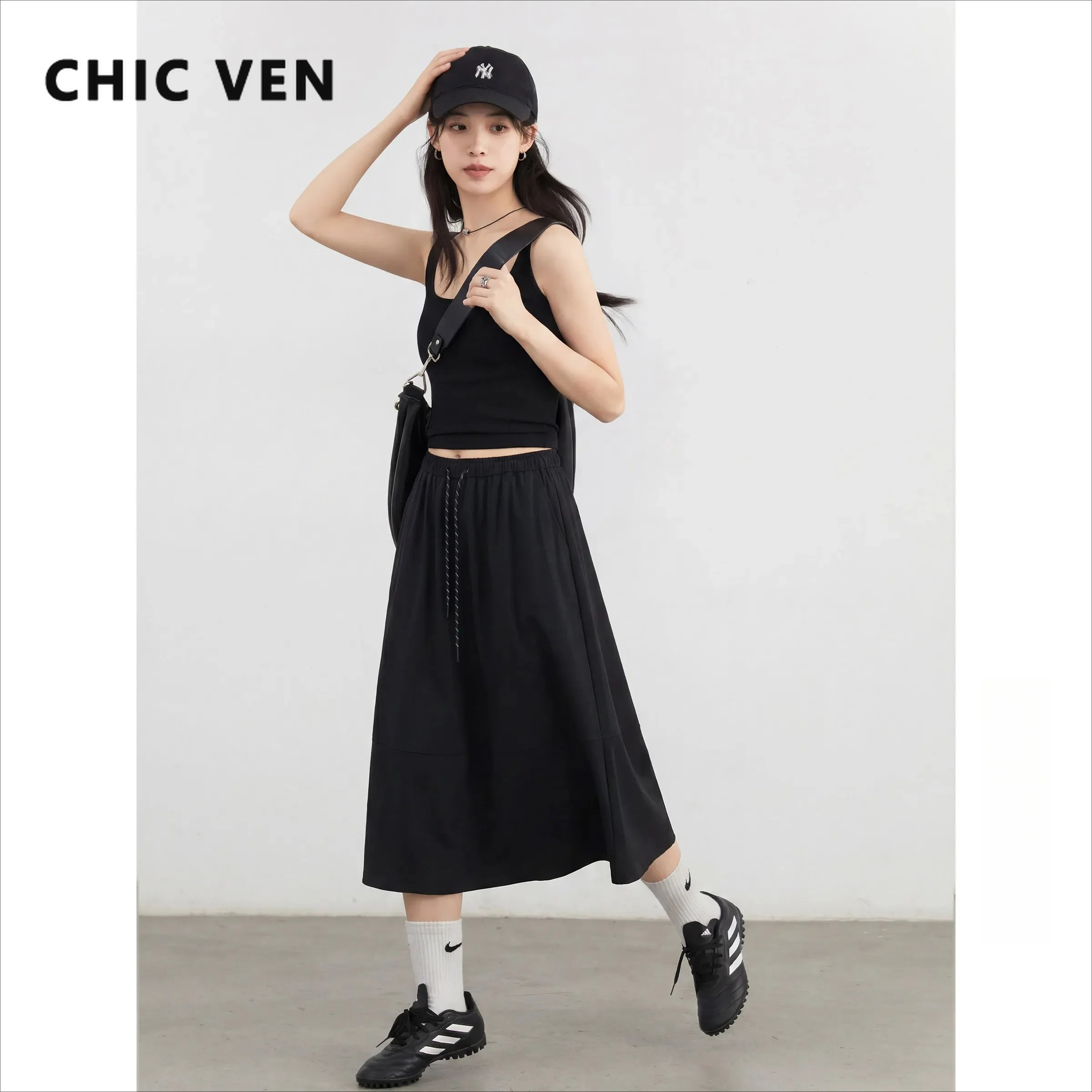 CHIC VEN Korean Women Long Skirts Solid Cool Female Half Skirt Elastic Waist Drawstring Umbrella Skirt for Girl Summer 2026