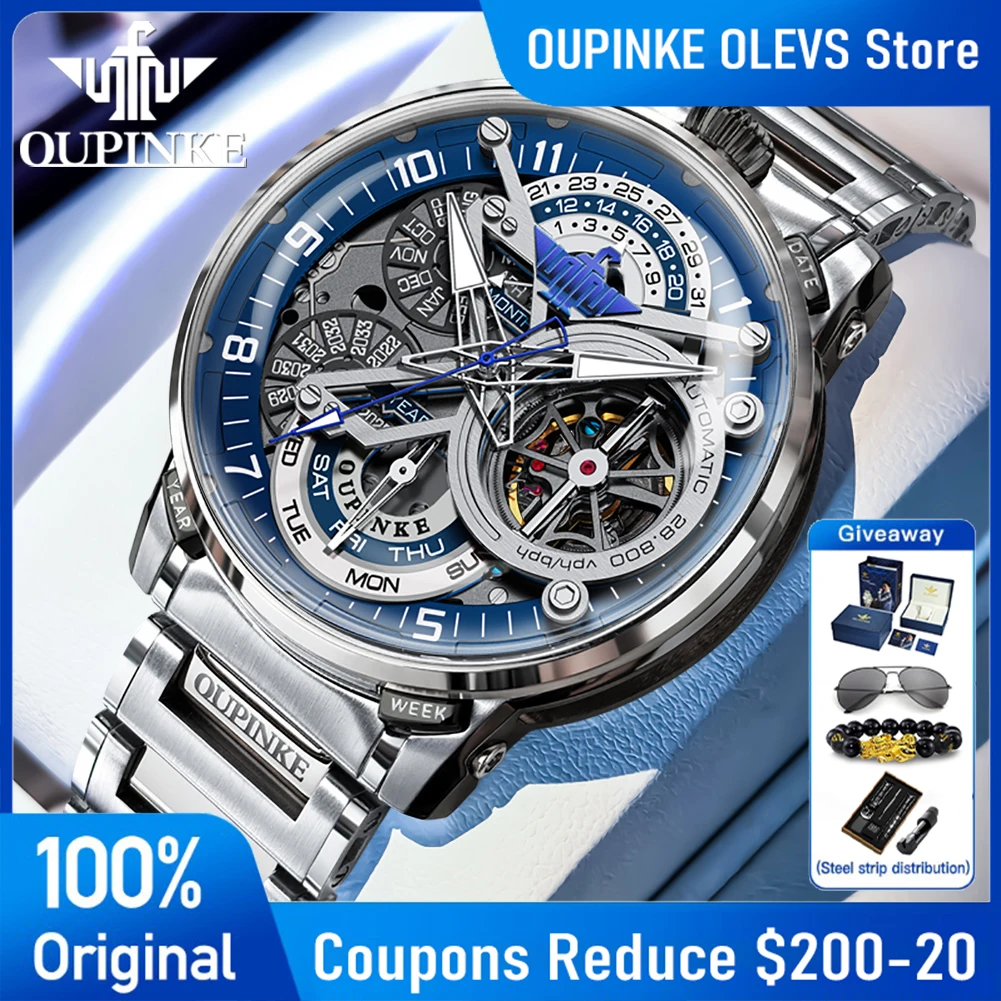 

OUPINKE 3278 Mens Watch Luxury Flywheel Skeleton Automatic Mechanical Watch 50M Waterproof Watches For Man 316L Stainless Steel