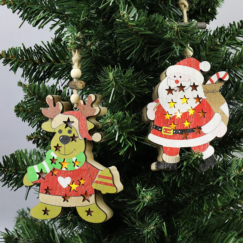 New Cartoon Decoration Wooden Glowing Santa Deer Ornament Chain Fun Cute Festival Christmas Tree Pendant Creative Christmas Gift